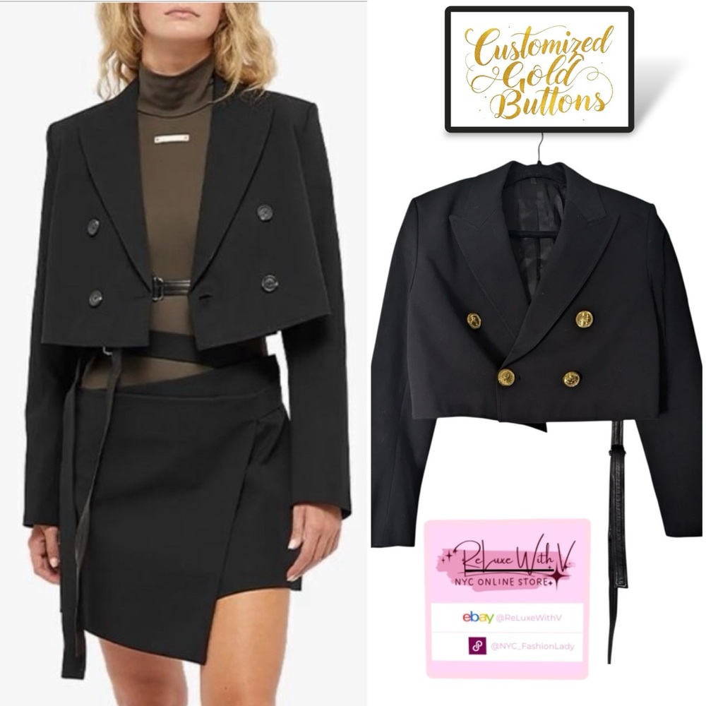 HELMUT LANG Crop Belted Double-Breasted Blazer | Gold Burberry Buttons Black 8 M